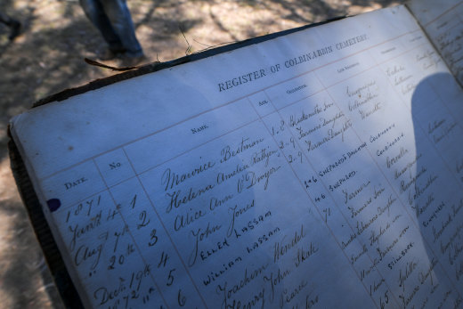 The ledger that records 600 Colbinabbin burials - pictured is the first burial, a toddler who drowned in 1871.