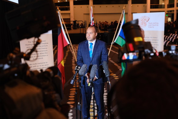 Joshua Creamer speaks to journalists on Monday, almost exactly 200 years since the start of the first European settlement in today’s Queensland.