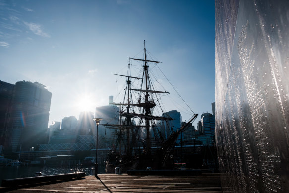 Thick fog engulfs ships at the Maritime Museum in Pyrmont on Monday.
