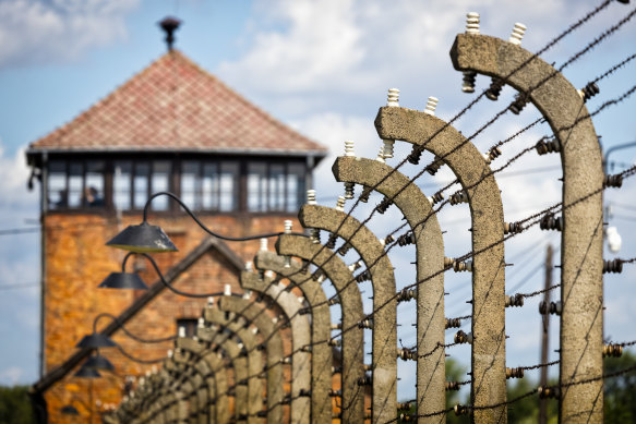 A watch tower and fence at Auschwitz concentration camp, Poland.