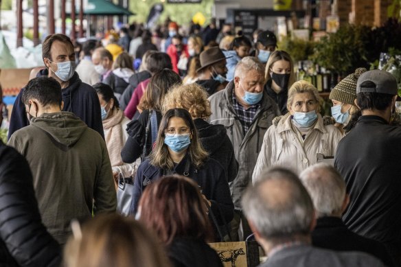 Melburnians wearing masks around South Melbourne Market in June.