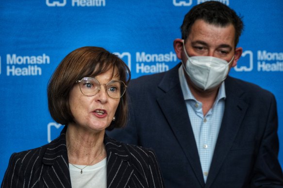 Health Minister Mary-Anne Thomas and Premier Daniel Andrews at Monash Children’s Hospital on Sunday.