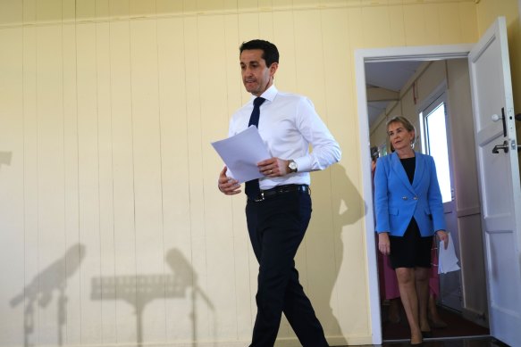 Queensland LNP leader David Crisafulli and health spokeswoman Ros Bates arriving for Monday’s media event in the Labor-held Mansfield electorate on Brisbane’s south.