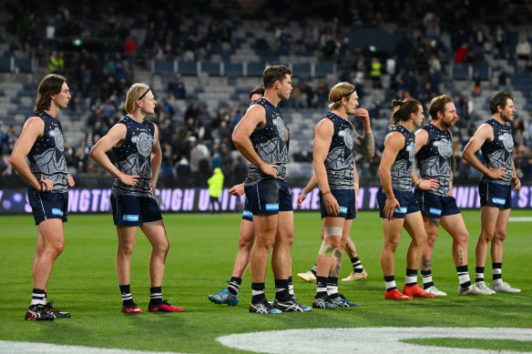 The Cats react after the loss to the Giants, one of five games decided by fewer than two goals for Geelong this season.