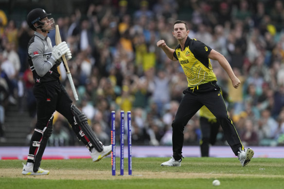 Josh Hazlewood celebrates the wicket of Finn Allen.