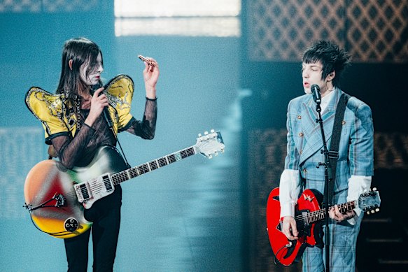 Lucio Corsi (left) from Italy performs Volevo Essere Un Duro in the Eurovision 2025 final.