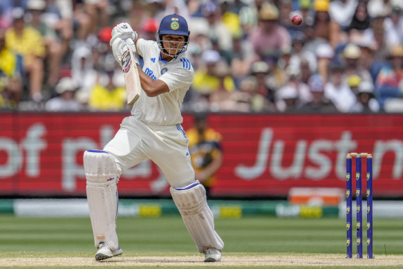 India’s Yashasvi Jaiswal plays a shot during play on the last day of the fourth cricket Test.