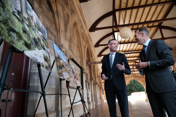 Premier Dominic Perrottet and Infrastructure, Cities and Active Transport Minister Rob Stokes unveil the draft blueprint for the Central Station precinct on Monday.