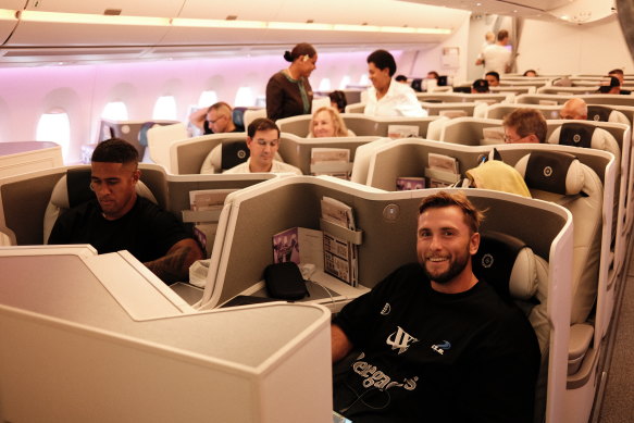 South Sydney players in business class on their way to Los Angeles.