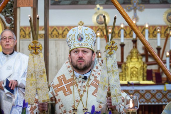 Ukrainian Bishop Mykola Bychok celebrates Easter mass at St Peter and Paul Cathedral in North Melbourne in 2022.