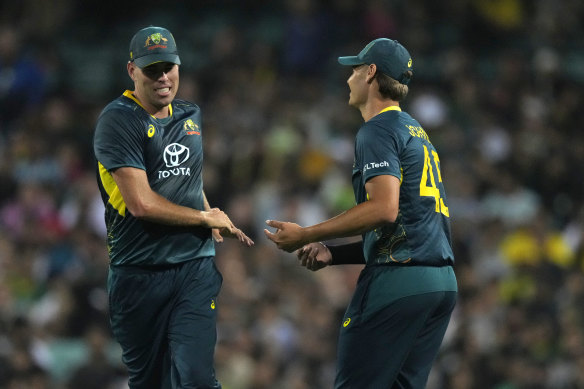 Australia’s Spencer Johnson, right, is congratulated by teammate Xavier Bartlett 