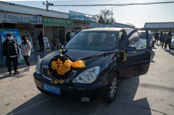 A hearse outside a crematorium in Beijing last week.