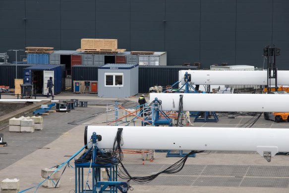 Three masts under construction at the Oceanco shipyard, builders of billionaire Jeff Bezos’s superyacht earlier this year.