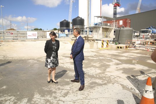 NSW Premier Gladys Berejiklian and Transport Minister Andrew Constance inspect the Rozelle Interchange site on Thursday.