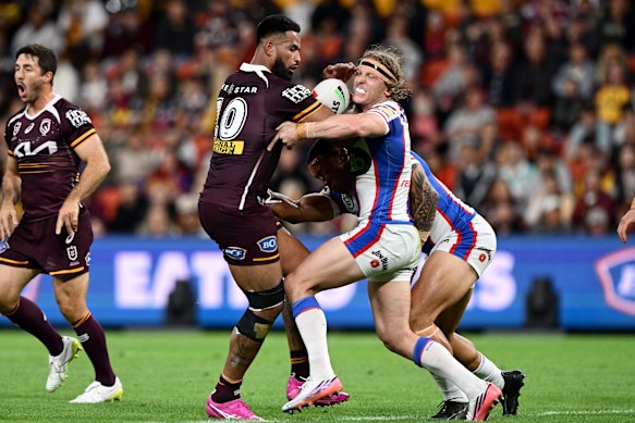 Payne Haas of the Broncos in action in the round 22 clash.