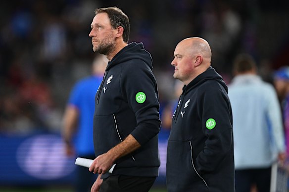 Carlton coach Josh Fraser and football boss Chris Davies.