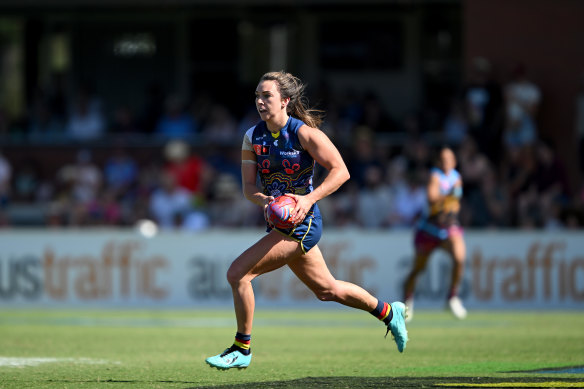Niamh Kelly of the Crows in action during the round eight AFLW match between Brisbane Lions and Adelaide Crows at Brighton Homes Arena, on October 21, 2023, in Brisbane, Australia. 