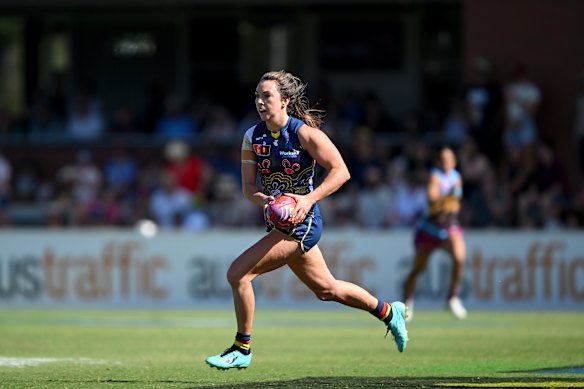 Niamh Kelly of the Crows in action during the round eight AFLW match between Brisbane Lions and Adelaide Crows at Brighton Homes Arena, on October 21, 2023, in Brisbane, Australia. 