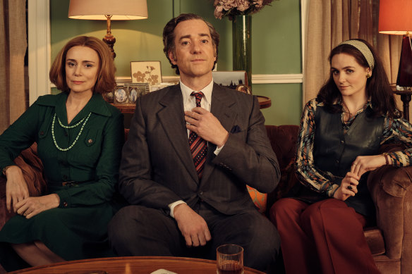 Matthew Macfadyen as John Stonehouse with Keeley Hawes, left, as his wife Barbara and Emer Heatley as his secretary and mistress Sheila.