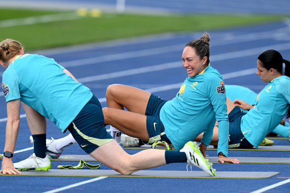 Kyah Simon, at Matildas training on Wednesday, is the team’s head DJ.