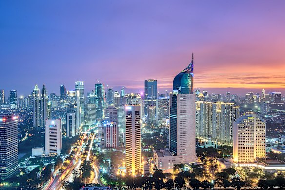 Jakarta’s city skyline at dusk.