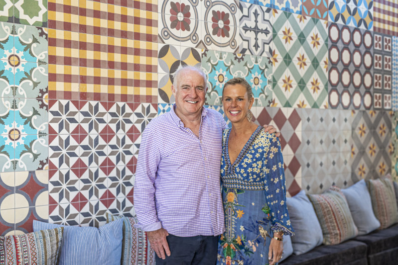 Rick Stein, with his Australian wife Sass at his Bannisters by the Sea restaurant in Mollymook in 2019.