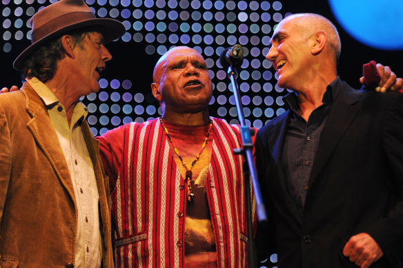 Australian musicians Shane Howard, Archie Roach and Paul Kelly perform for the Nukkan Ya Ruby (See Ya Later Ruby) tribute concert during Sydney Festival 2011. 