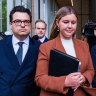 Brittany Higgins outside the Federal Court in Sydney last November, with partner David Sharaz (left) and lawyer Leon Zwier.
