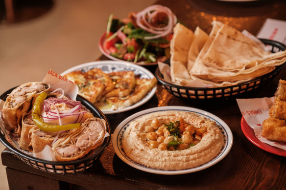 Moorish chicken, fatoush with Lebanese flatbread, homous and haloumi at Emma’s Snack Bar. 