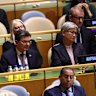 Foreign Minister Penny Wong listens to Prime Minister Anthony Albanese’s address to the UN on Thursday.