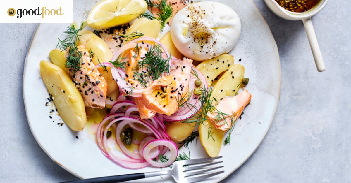 Hot-smoked salmon and potato salad with everything bagel dressing