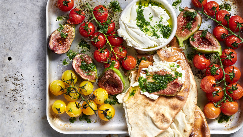 Blistered tomato, fig and crispy pita with herb dressing
