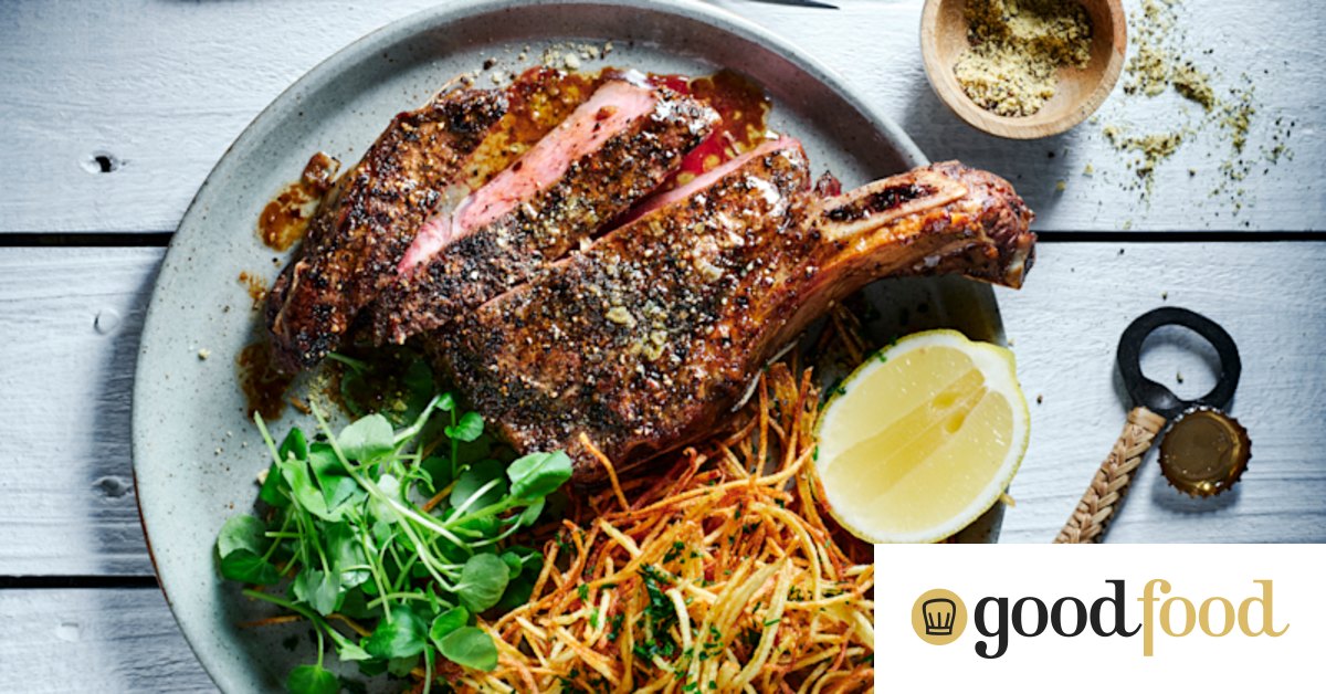 Coffee-rubbed rib-eye with straw fries