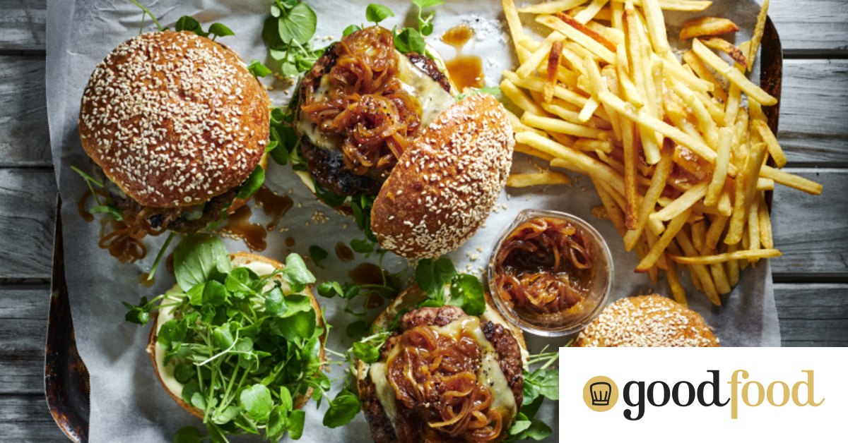 Beef patties with gruyere cheese and caramelised onion