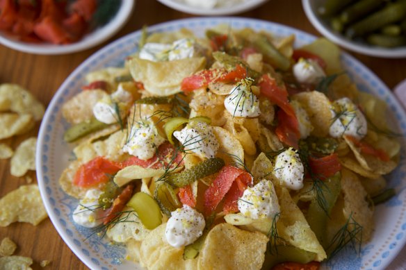 The smoked salmon, pickles and crème fraiche crisp-cuterie stack