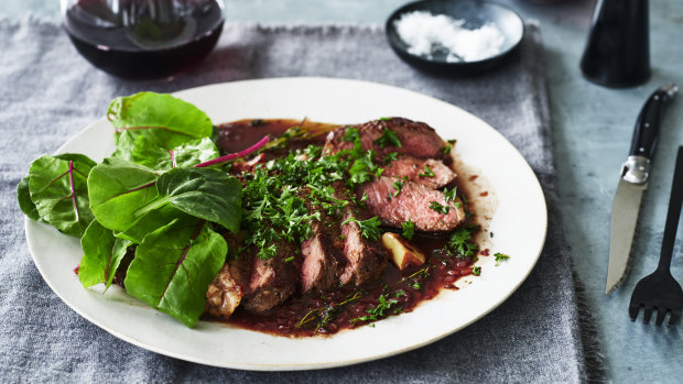 Adam Liaw’s butter-basted steak with pan jus and a sprinkle of parsley.