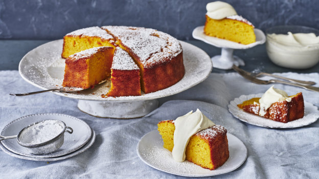 Adam Liaw’s orange, almond and olive oil cake with yoghurt cream.