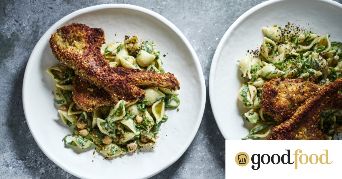 Crumbed lamb cutlets with pasta, green chilli, and chickpea salad