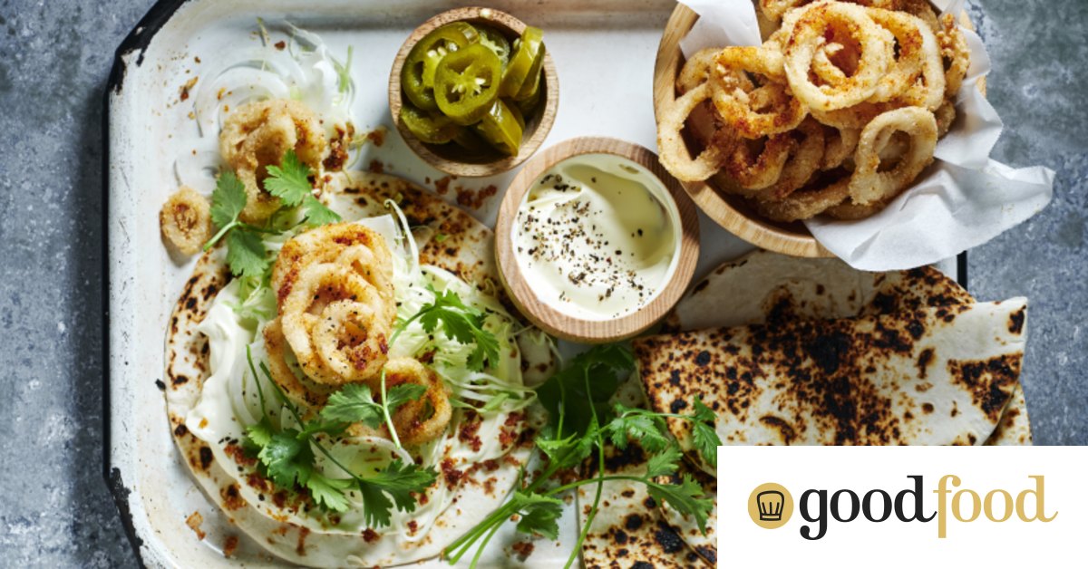 Summer taco recipe with crispy squid and quick jalapeno slaw
