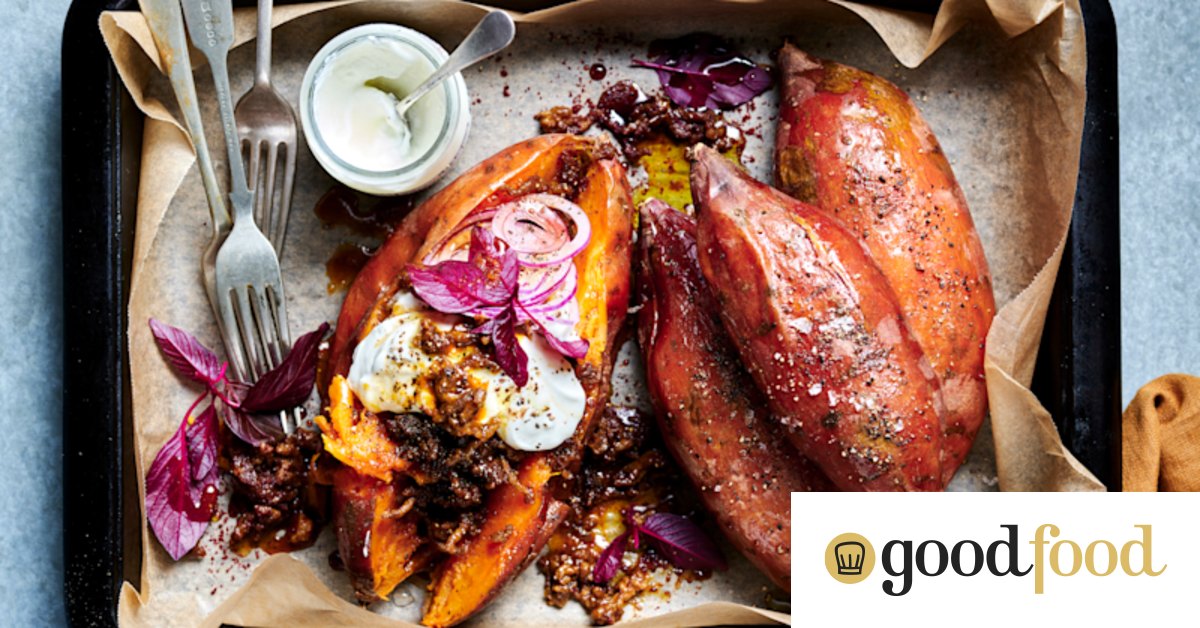 Jacket sweet potato with sumac lamb mince and yoghurt