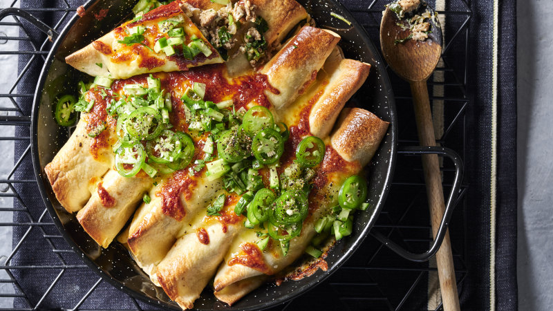 Spicy coriander and pork frying pan enchiladas
