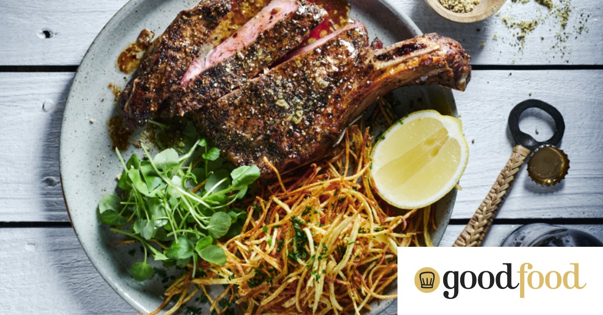 Coffee-rubbed rib-eye with straw fries
