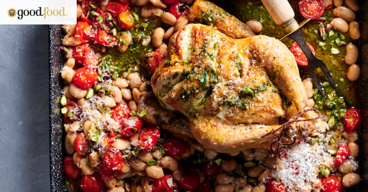 Tomato, bean and chicken tray bake with mint pesto