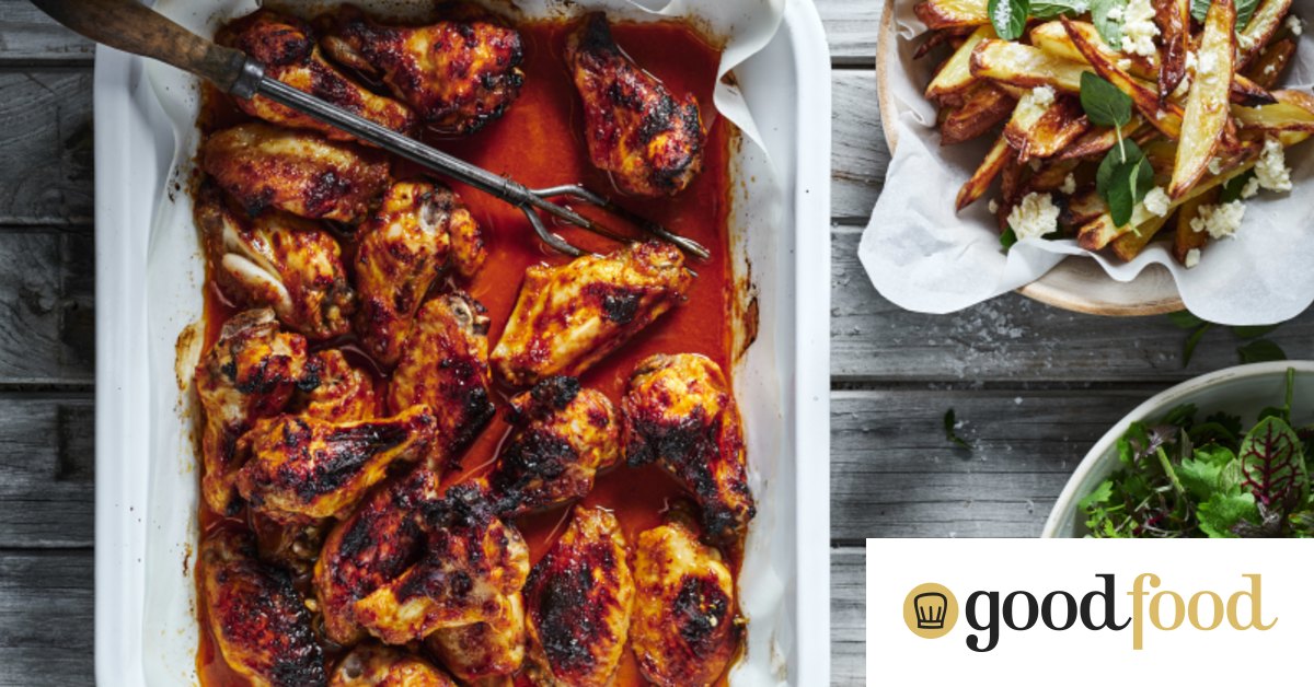 Peri peri chicken wings recipe with easy oven-baked fries with feta and oregano