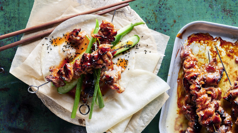 30 minutes from go to wow: char sui pork skewers with cucumber and sesame salad