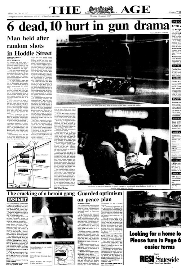 On the evening of August 9, 1987, former army cadet Julian Knight opened fire on unsuspecting motorists on Hoddle Street, Clifton Hill, killing seven people and injuring 19 others, in Australia’s deadliest mass shooting at the time.

Witness Adam Martello, 13, of Queens Parade, told The Age: “It was about 9.30 when we first heard little bangs. There were more than about 30 coming from the railway line. Although most were single shots, they changed to automatic fire then changed to single again.”

A policewoman told an Age reporter: “Get out of the way ... someone has just tried to blow my head off, get out of the way.” Knight, who was arrested after a lengthy police chase, is serving seven concurrent life terms.