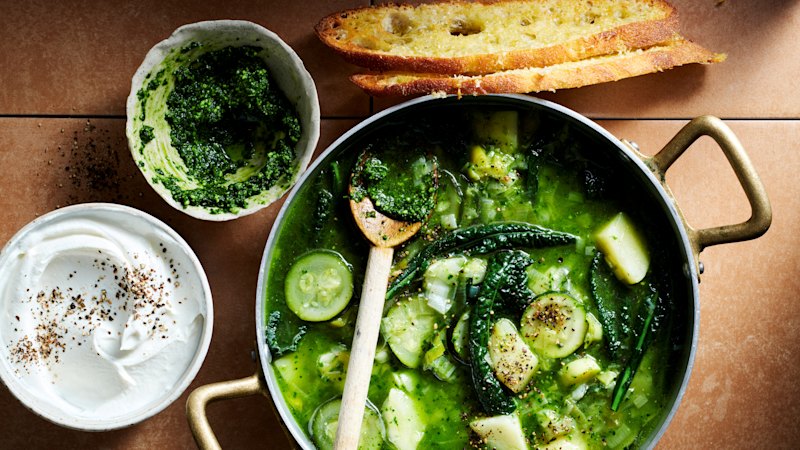 Winter greens and pesto soup with ricotta cream and garlic croutons (australia) — SMH
