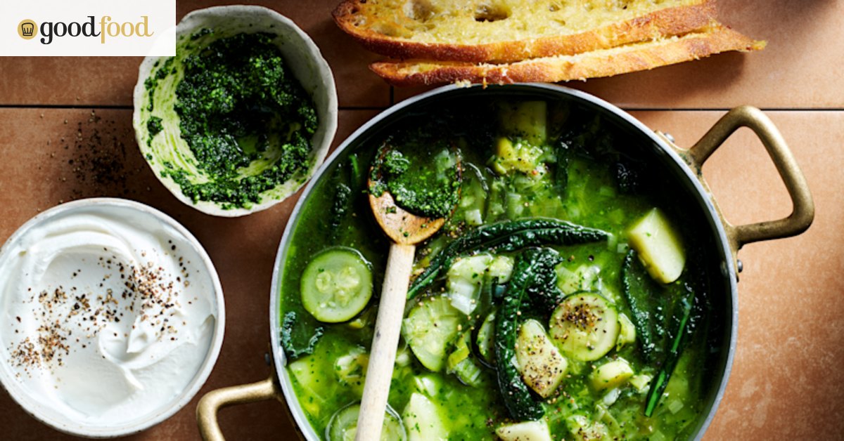 Winter green vegetable soup recipe with pesto and ricotta cream
