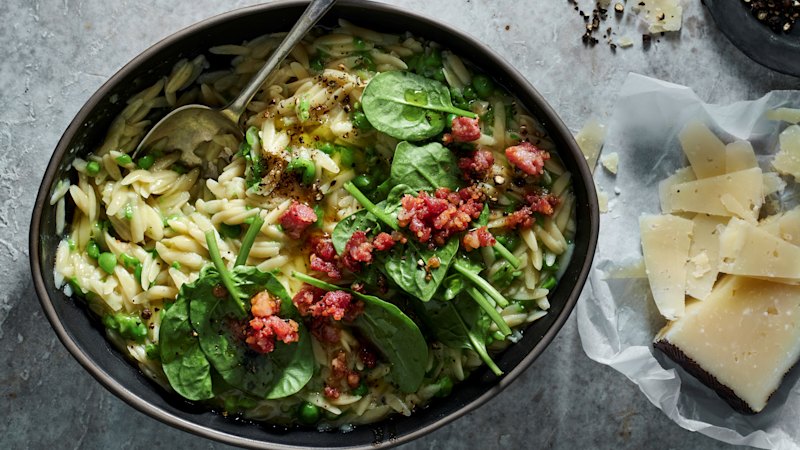 Risoni with peas, lemon and crispy pancetta (australia) — SMH