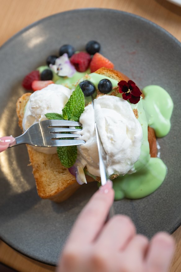 Coco-pandan shokupan with coconut ice cream.